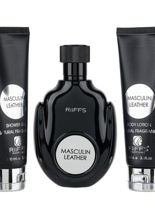 Set Cadou Masculin Leather Apa de Parfum 100ml + Gel De Dus 100ml + Lotiune de corp 100ml, Riiffs