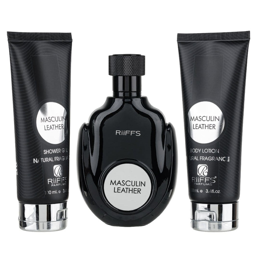 Set Cadou Masculin Leather Apa de Parfum 100ml + Gel De Dus 100ml + Lotiune de corp 100ml, Riiffs