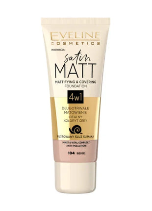 Eveline Cosmetics Satin Matt 4w1 – Fond de ten matifiant și cu acoperire 104 Beige