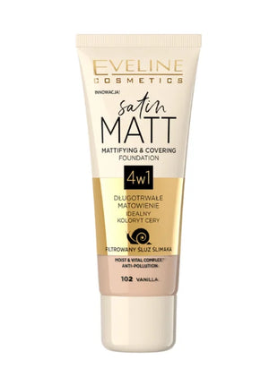 Eveline Cosmetics Satin Matt 4w1 – Fond de ten matifiant și cu acoperire 102 Vanilla