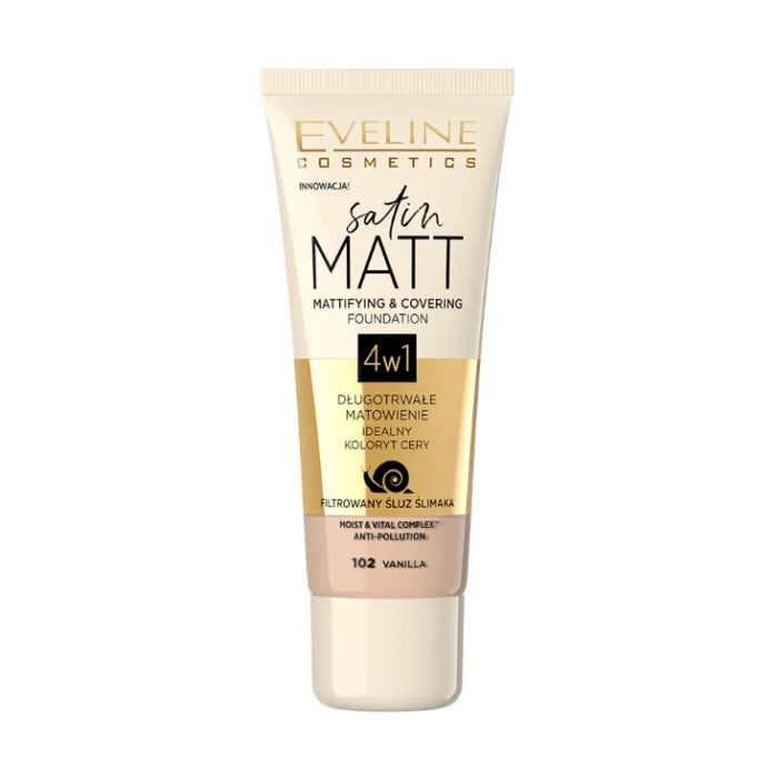 Eveline Cosmetics Satin Matt 4-in-1 – Mattifying and full coverage foundation 102 Vanilla