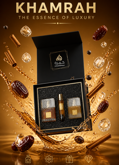 Lattafa Khamrah Gift Set Unisex – Eau de Parfum 100 ml, Parfum de Voiaj 12 ml și Hair Mist 50 ml