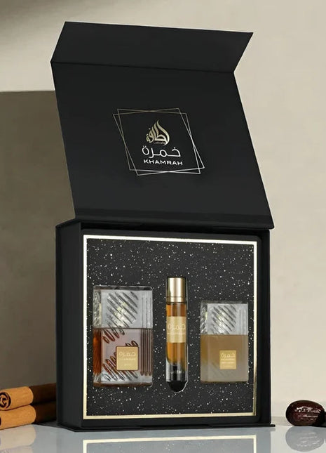 Lattafa Khamrah Gift Set Unisex – Eau de Parfum 100 ml, Parfum de Voiaj 12 ml și Hair Mist 50 ml