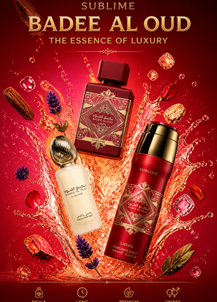 Set Lattafa Bade'e Al Oud Sublime 3 Piese – Eau de Parfum 100 ml, Deodorant Spray 200 ml și Parfum de Păr 50 ml